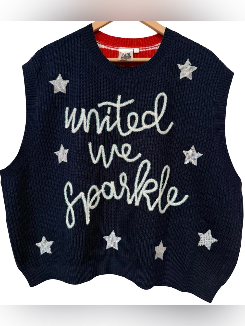 Queen of Sparkles United We Sparkle L Sweater Vest Patriotic Sequin Star Stripes